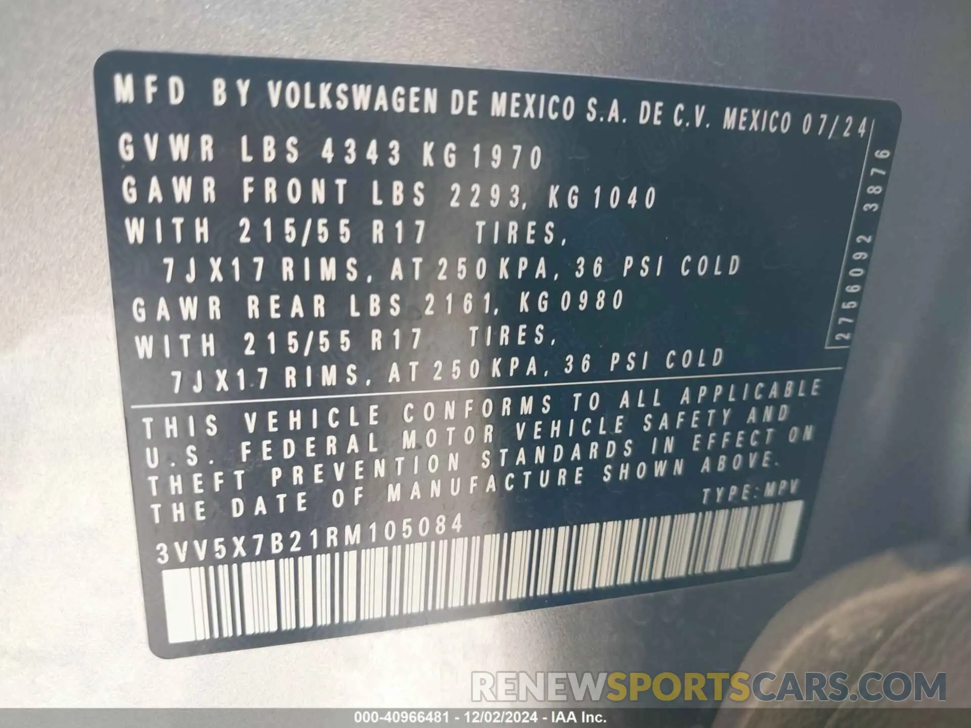 9 fotografías del automóvil dañado 3VV5X7B21RM105084 VOLKSWAGEN TAOS 2024