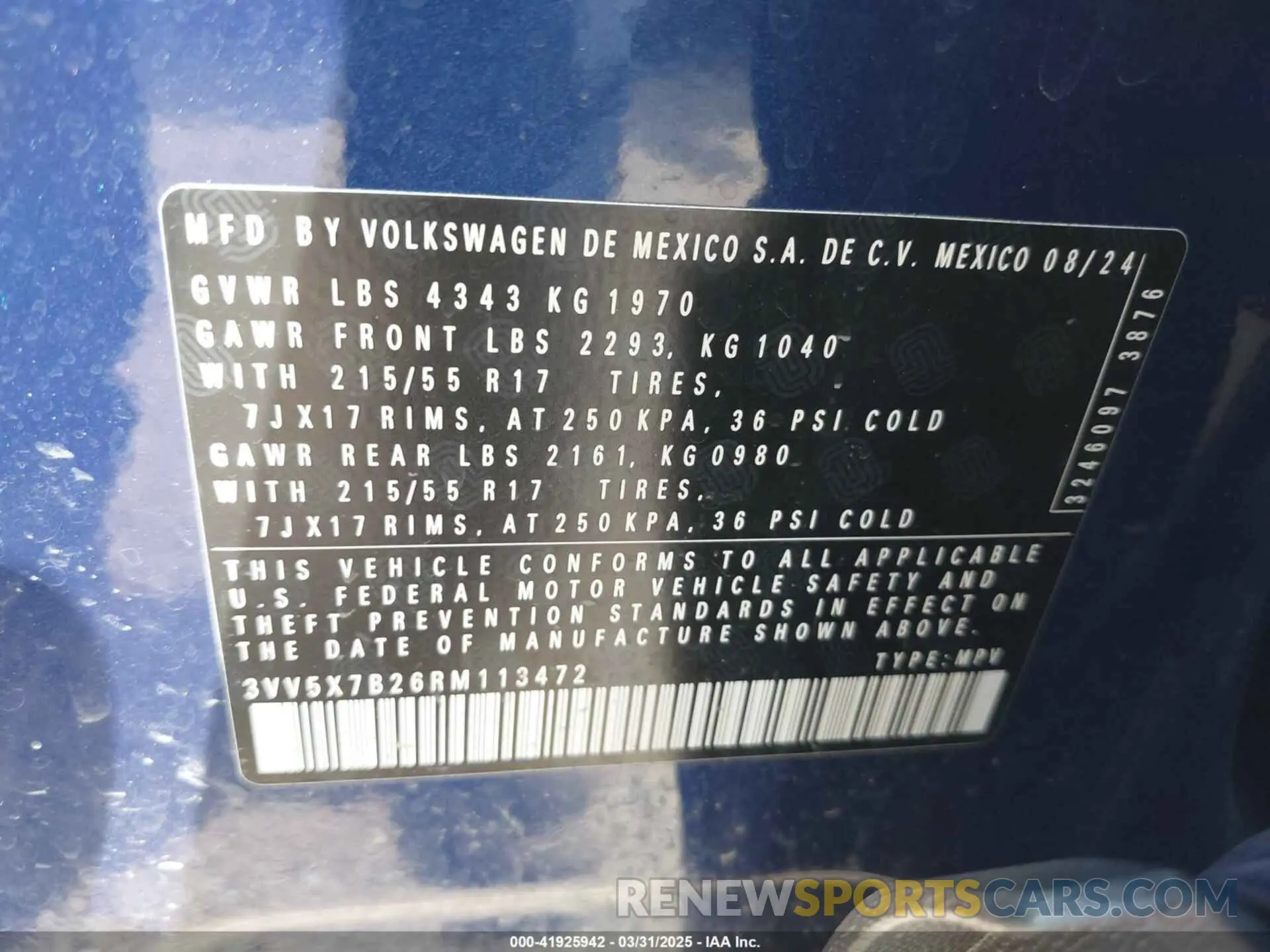 9 fotografías del automóvil dañado 3VV5X7B26RM113472 VOLKSWAGEN TAOS 2024