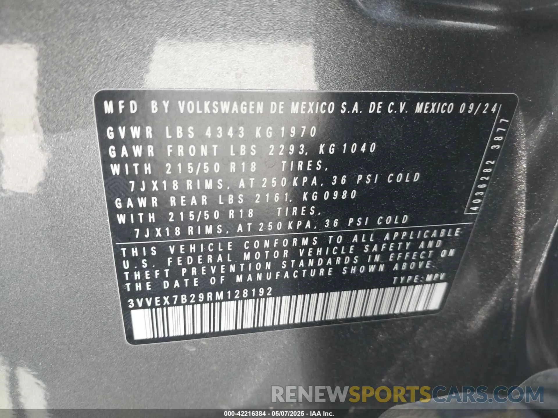 9 fotografías del automóvil dañado 3VVEX7B29RM128192 VOLKSWAGEN TAOS 2024