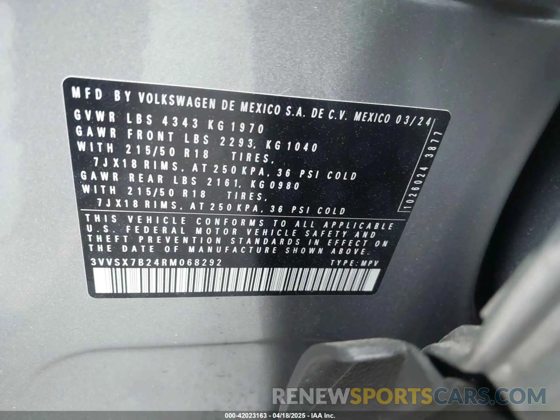 9 fotografías del automóvil dañado 3VVSX7B24RM068292 VOLKSWAGEN TAOS 2024