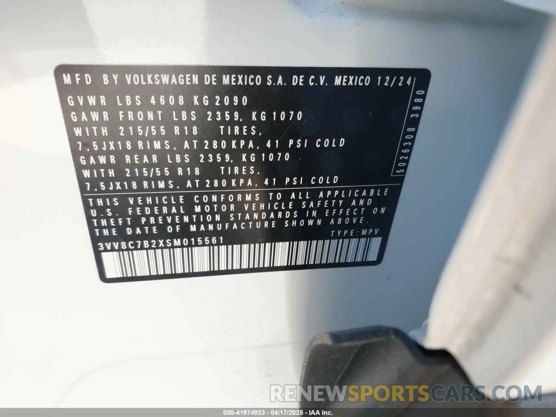 9 fotografías del automóvil dañado 3VV8C7B2XSM015561 VOLKSWAGEN TAOS 2025