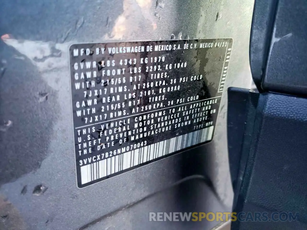 13 fotografías del automóvil dañado 3VVCX7B26NM070043 VOLKSWAGEN TAOS S 2022