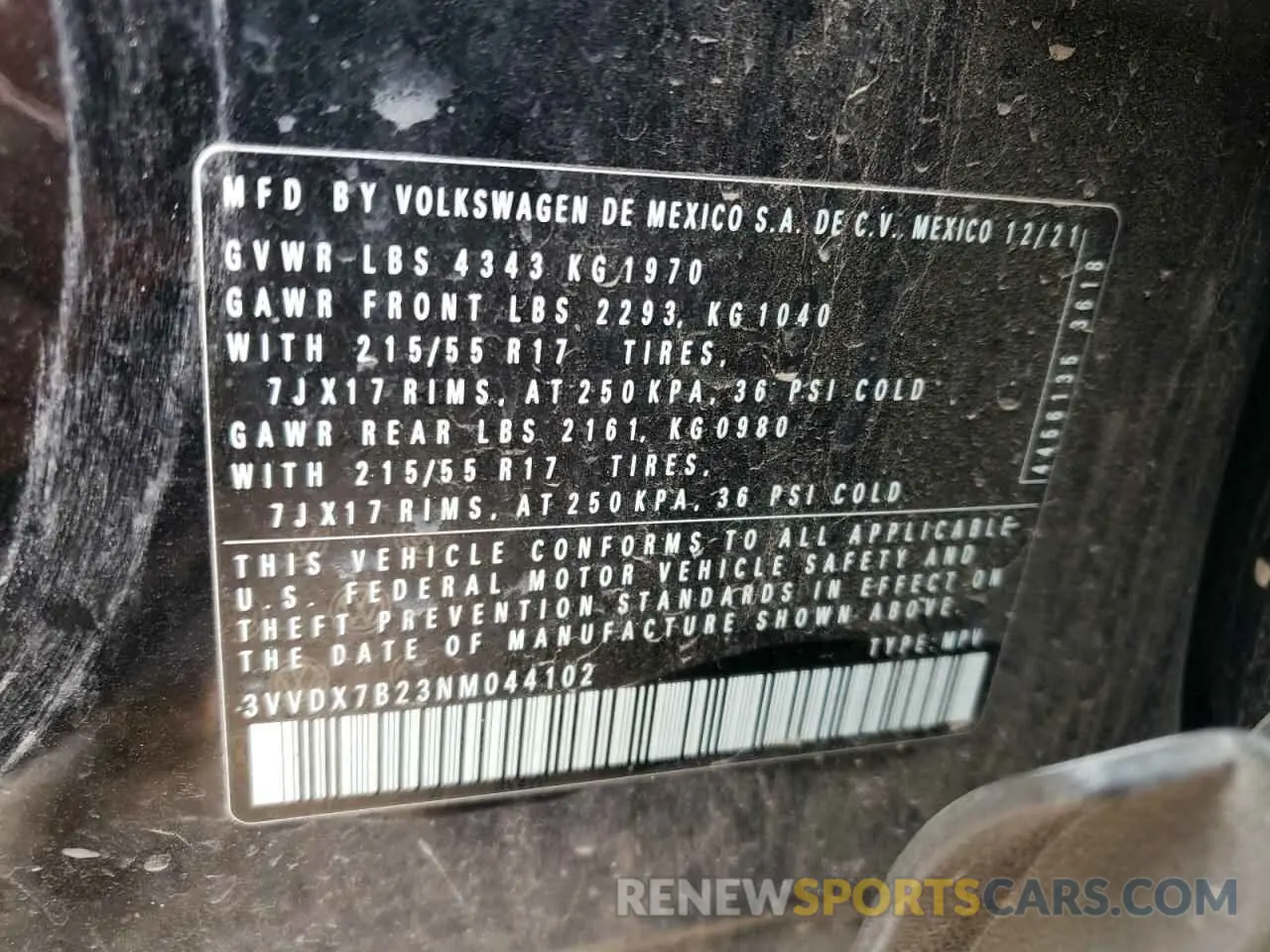 15 fotografías del automóvil dañado 3VVDX7B23NM044102 VOLKSWAGEN TAOS S 2022