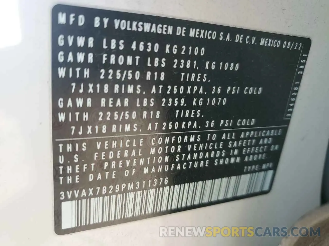15 fotografías del automóvil dañado 3VVAX7B29PM311376 VOLKSWAGEN TAOS S 2023