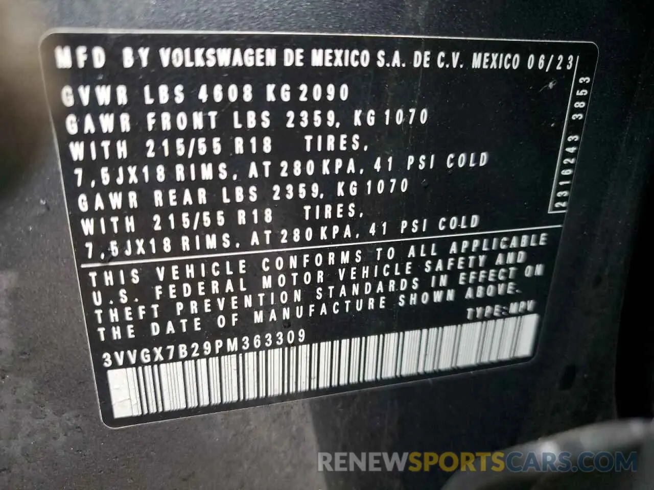 14 fotografías del automóvil dañado 3VVGX7B29PM363309 VOLKSWAGEN TAOS S 2023