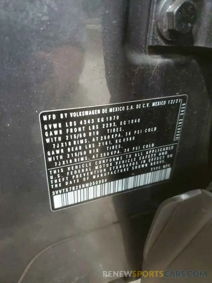 12 fotografías del automóvil dañado 3VVTX7B25NM050964 VOLKSWAGEN TAOS SE 2022