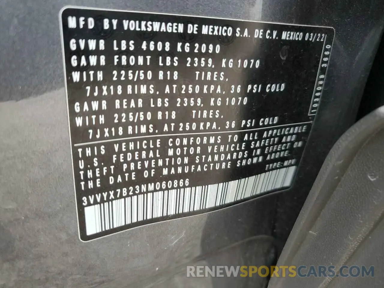 14 fotografías del automóvil dañado 3VVYX7B23NM060866 VOLKSWAGEN TAOS SE 2022
