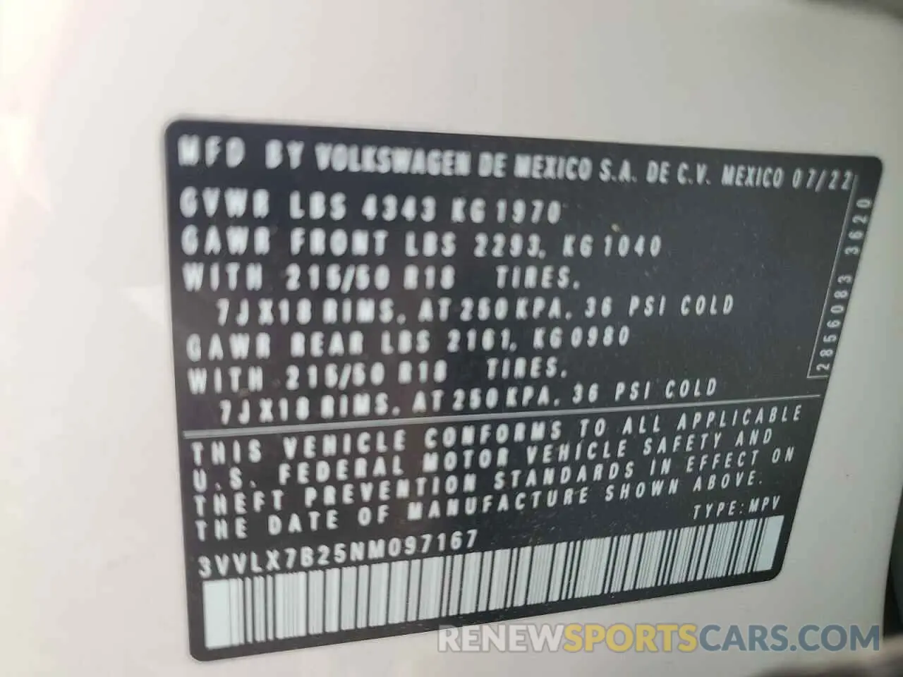 13 fotografías del automóvil dañado 3VVLX7B25NM097167 VOLKSWAGEN TAOS SE IQ 2022