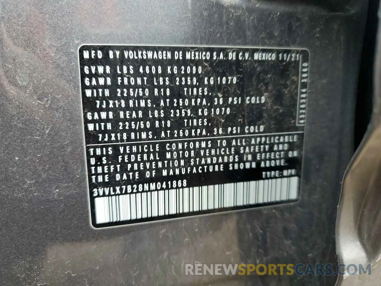 13 fotografías del automóvil dañado 3VVLX7B28NM041868 VOLKSWAGEN TAOS SE IQ 2022