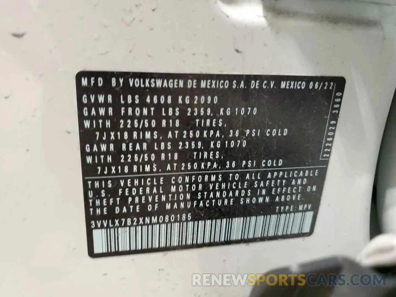 13 fotografías del automóvil dañado 3VVLX7B2XNM080185 VOLKSWAGEN TAOS SE IQ 2022