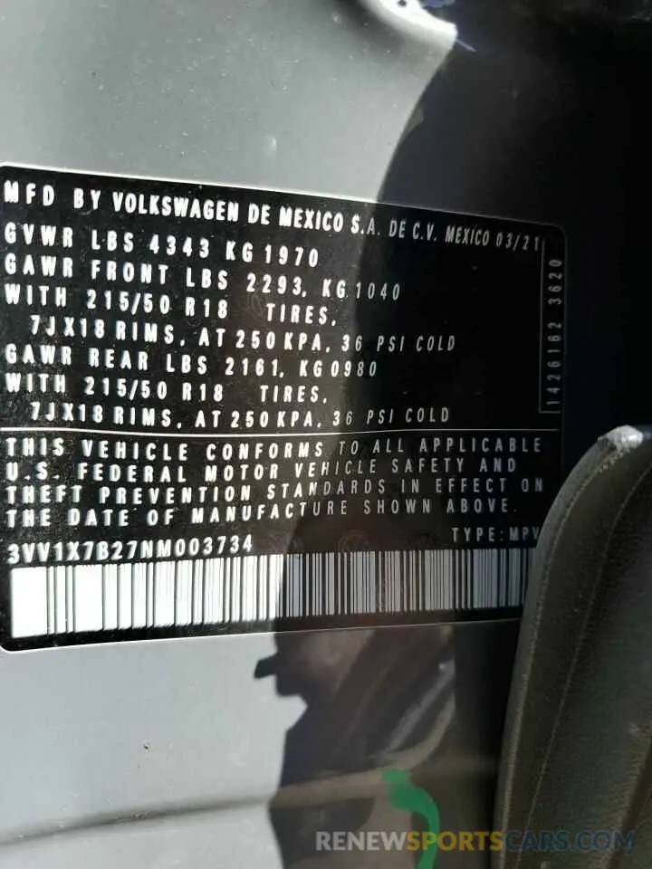 13 fotografías del automóvil dañado 3VV1X7B27NM003734 VOLKSWAGEN TAOS SEL 2022
