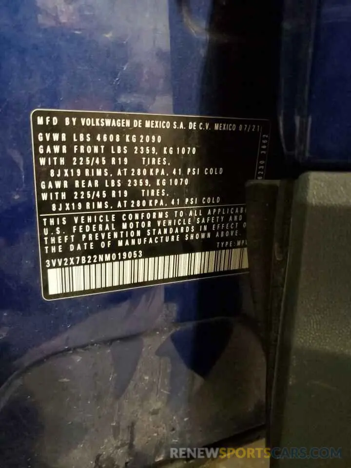 13 fotografías del automóvil dañado 3VV2X7B22NM019053 VOLKSWAGEN TAOS SEL 2022