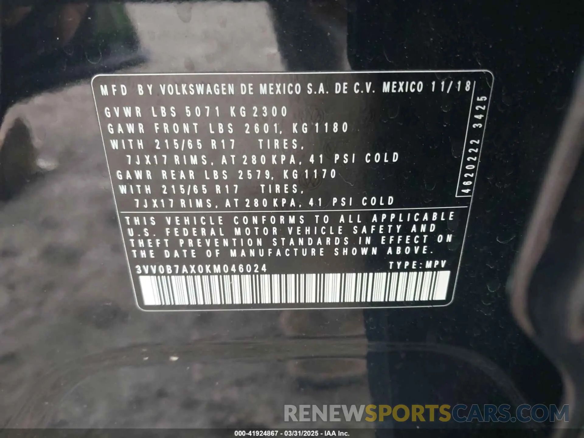 9 fotografías del automóvil dañado 3VV0B7AX0KM046024 VOLKSWAGEN TIGUAN 2019