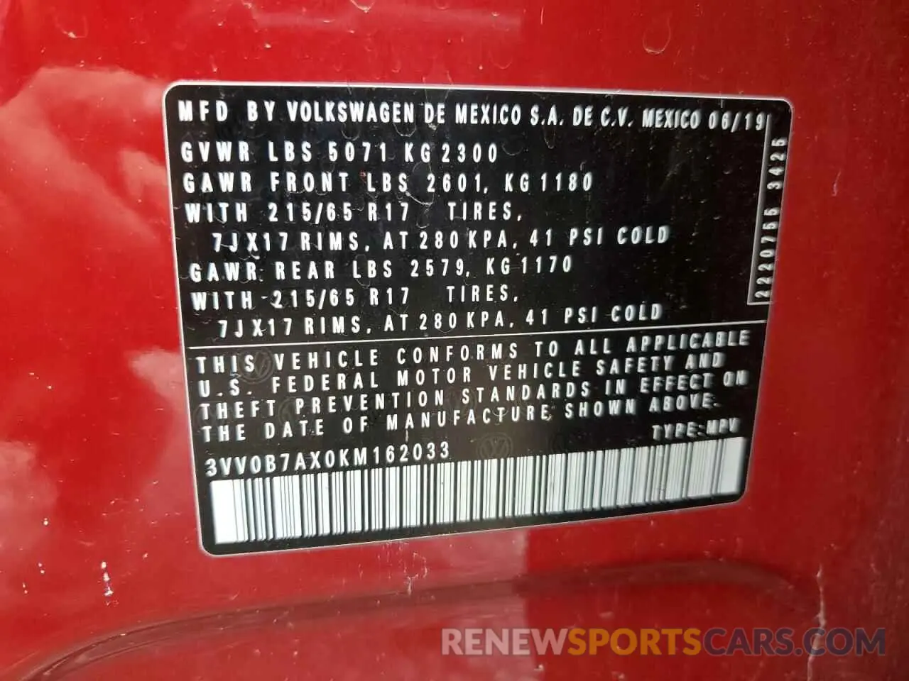 13 fotografías del automóvil dañado 3VV0B7AX0KM162033 VOLKSWAGEN TIGUAN 2019