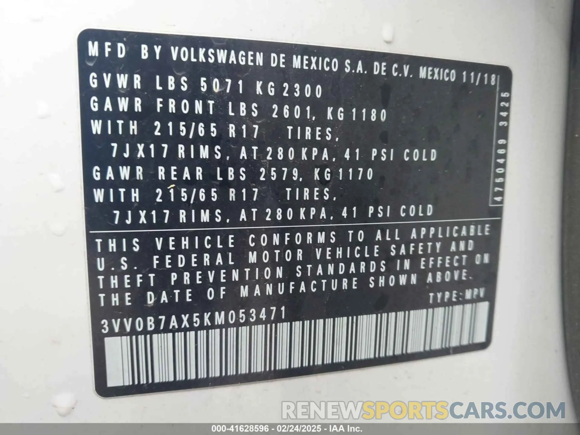 9 fotografías del automóvil dañado 3VV0B7AX5KM053471 VOLKSWAGEN TIGUAN 2019