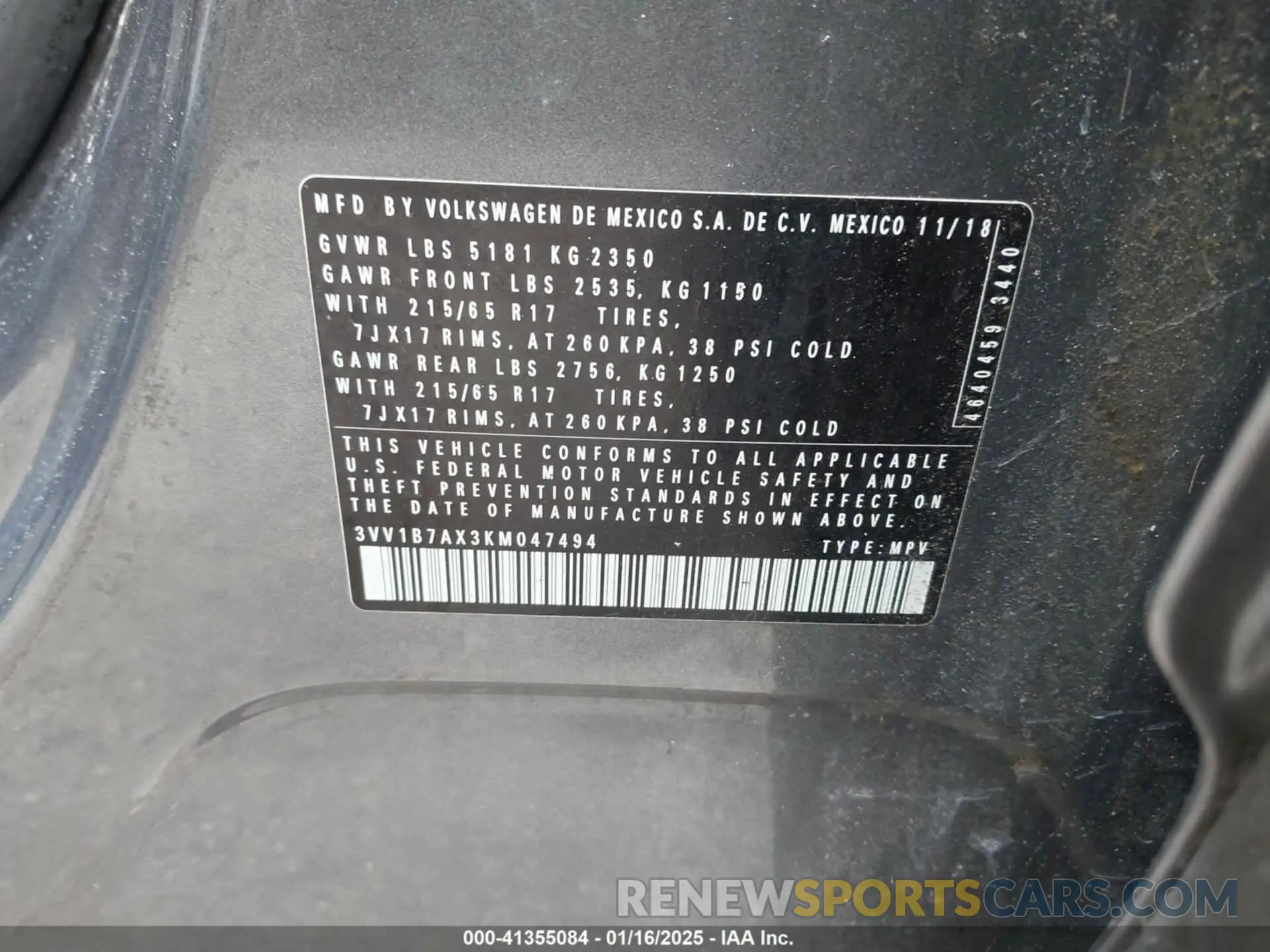 9 fotografías del automóvil dañado 3VV1B7AX3KM047494 VOLKSWAGEN TIGUAN 2019