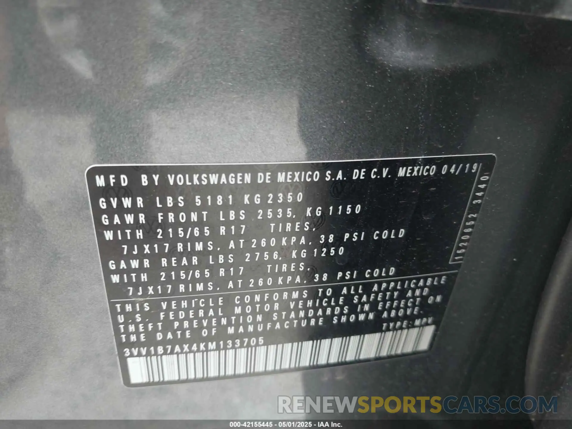 9 fotografías del automóvil dañado 3VV1B7AX4KM133705 VOLKSWAGEN TIGUAN 2019