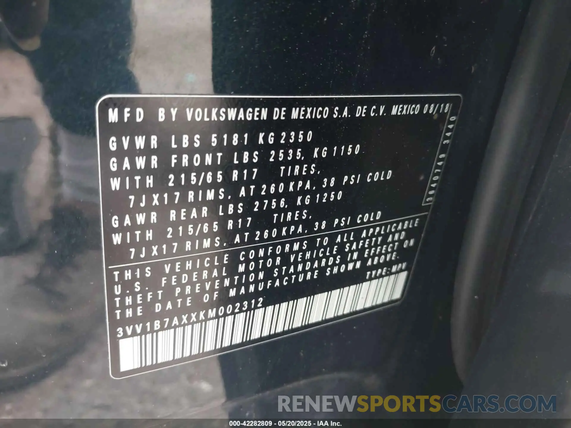 9 fotografías del automóvil dañado 3VV1B7AXXKM002312 VOLKSWAGEN TIGUAN 2019