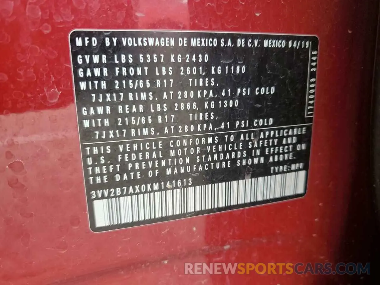13 fotografías del automóvil dañado 3VV2B7AX0KM141613 VOLKSWAGEN TIGUAN 2019