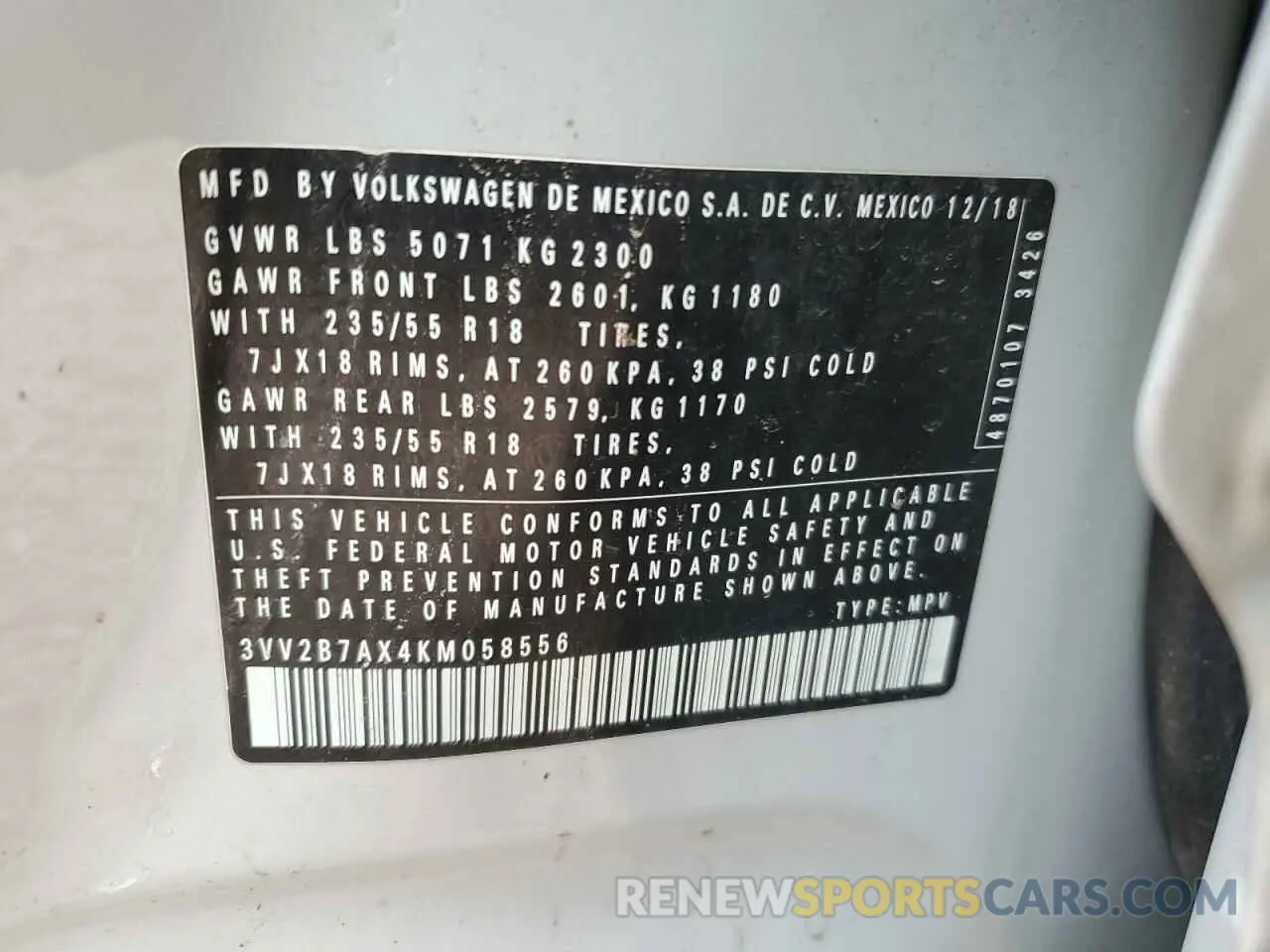 13 fotografías del automóvil dañado 3VV2B7AX4KM058556 VOLKSWAGEN TIGUAN 2019