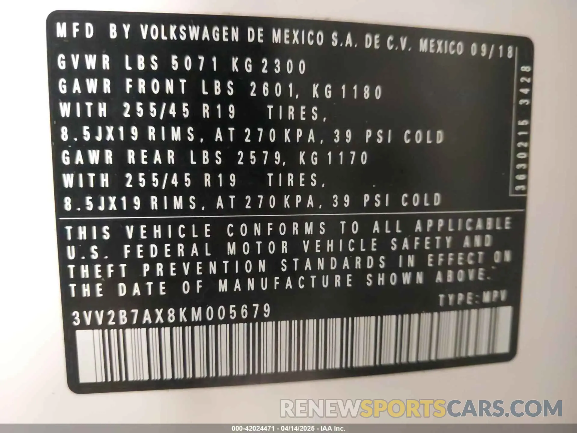 9 fotografías del automóvil dañado 3VV2B7AX8KM005679 VOLKSWAGEN TIGUAN 2019