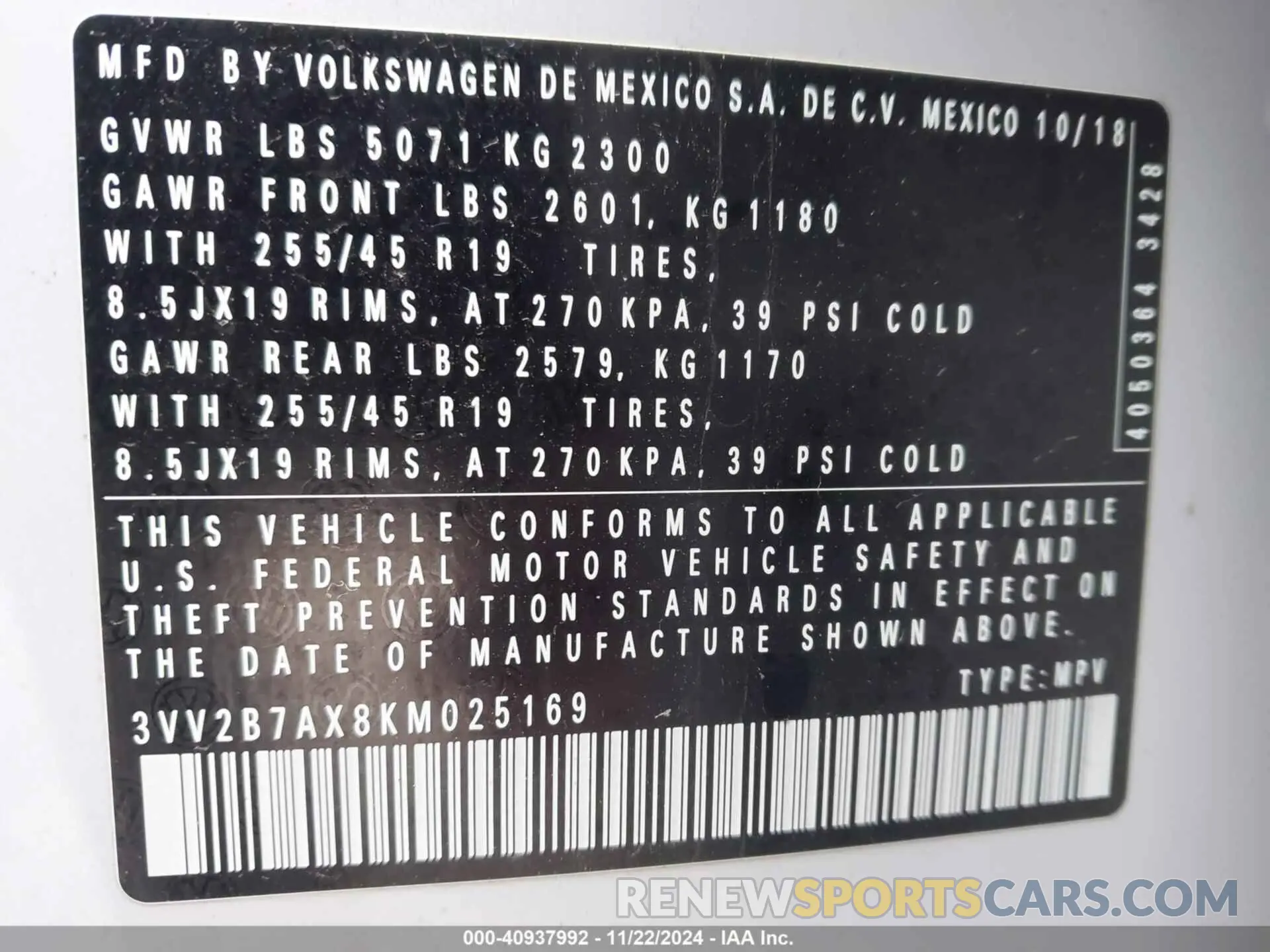 9 fotografías del automóvil dañado 3VV2B7AX8KM025169 VOLKSWAGEN TIGUAN 2019