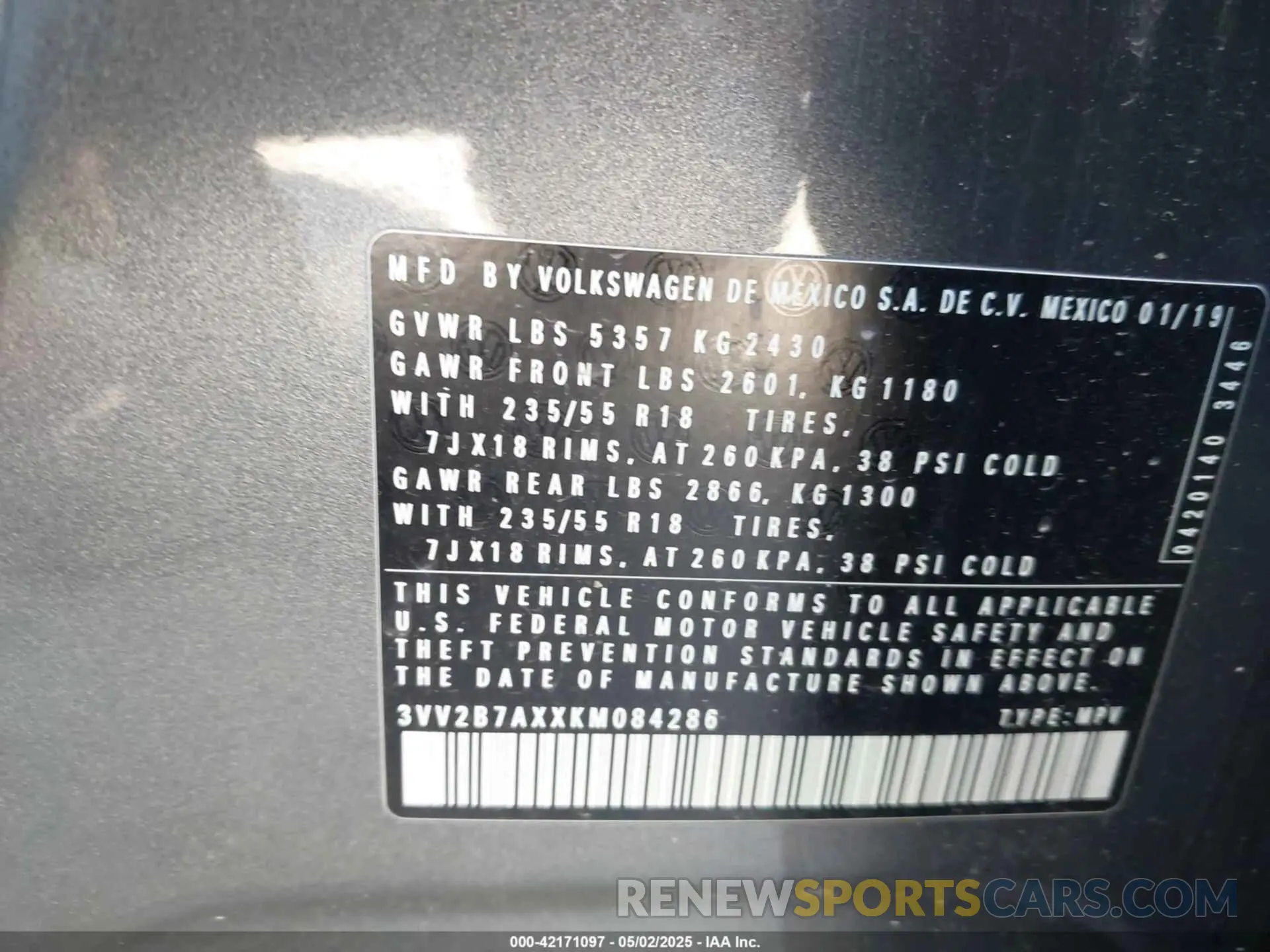 9 fotografías del automóvil dañado 3VV2B7AXXKM084286 VOLKSWAGEN TIGUAN 2019