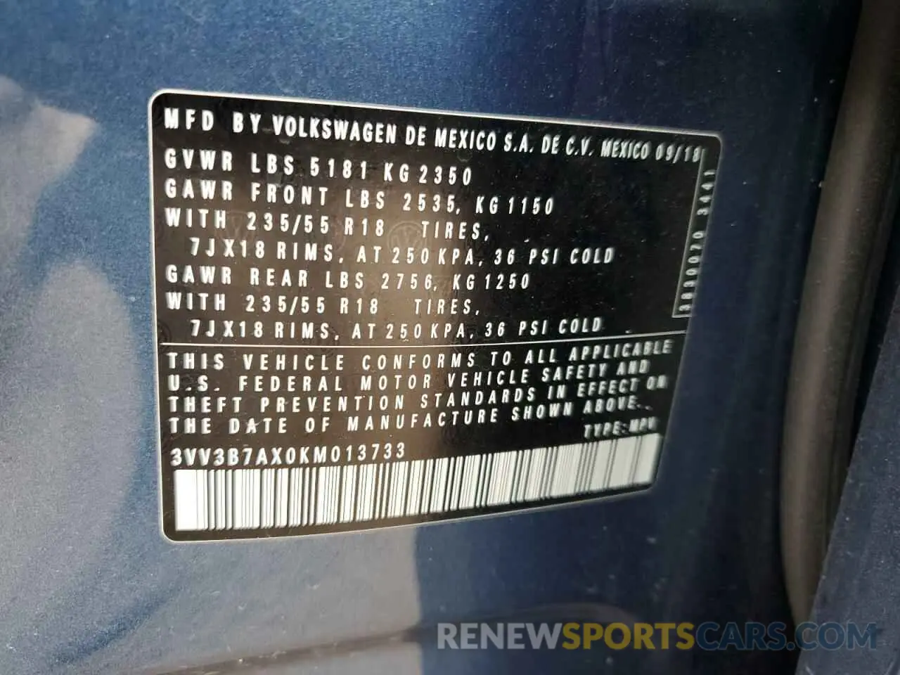 12 fotografías del automóvil dañado 3VV3B7AX0KM013733 VOLKSWAGEN TIGUAN 2019