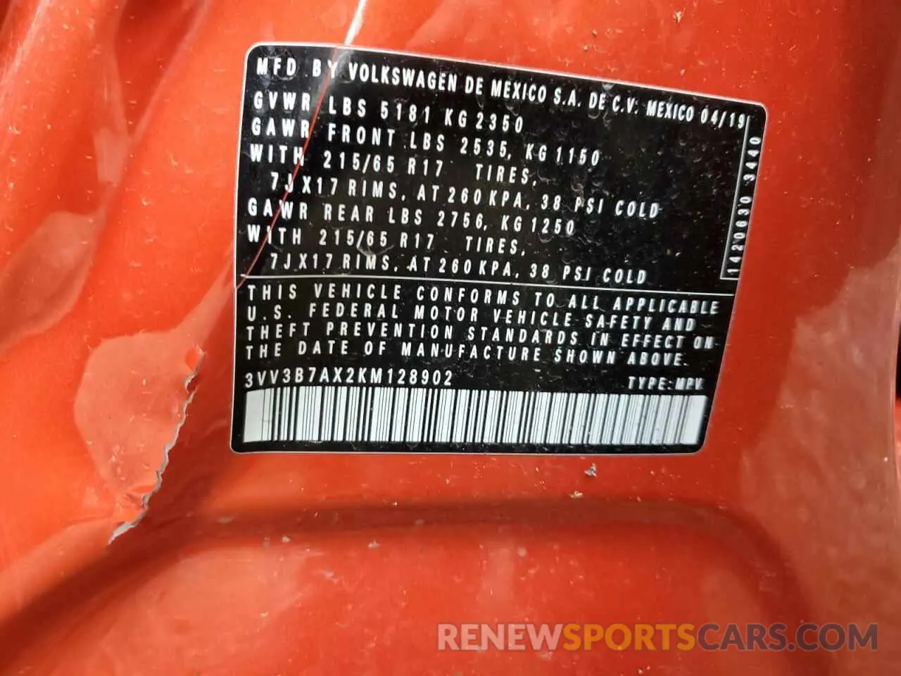13 fotografías del automóvil dañado 3VV3B7AX2KM128902 VOLKSWAGEN TIGUAN 2019