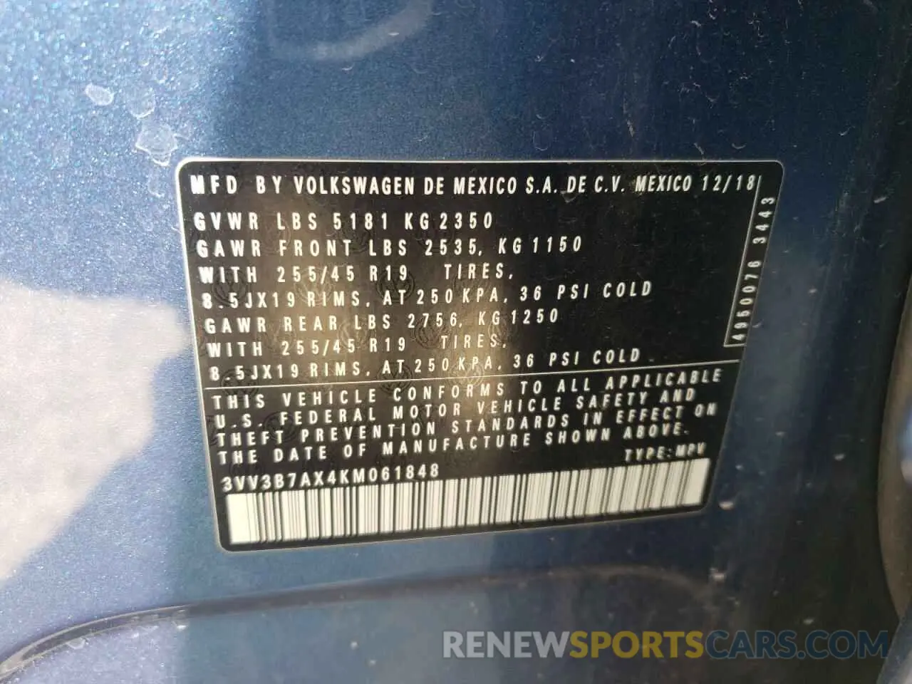 13 fotografías del automóvil dañado 3VV3B7AX4KM061848 VOLKSWAGEN TIGUAN 2019