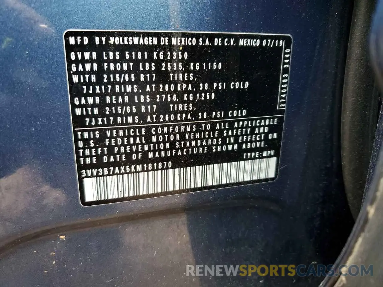 15 fotografías del automóvil dañado 3VV3B7AX5KM181870 VOLKSWAGEN TIGUAN 2019