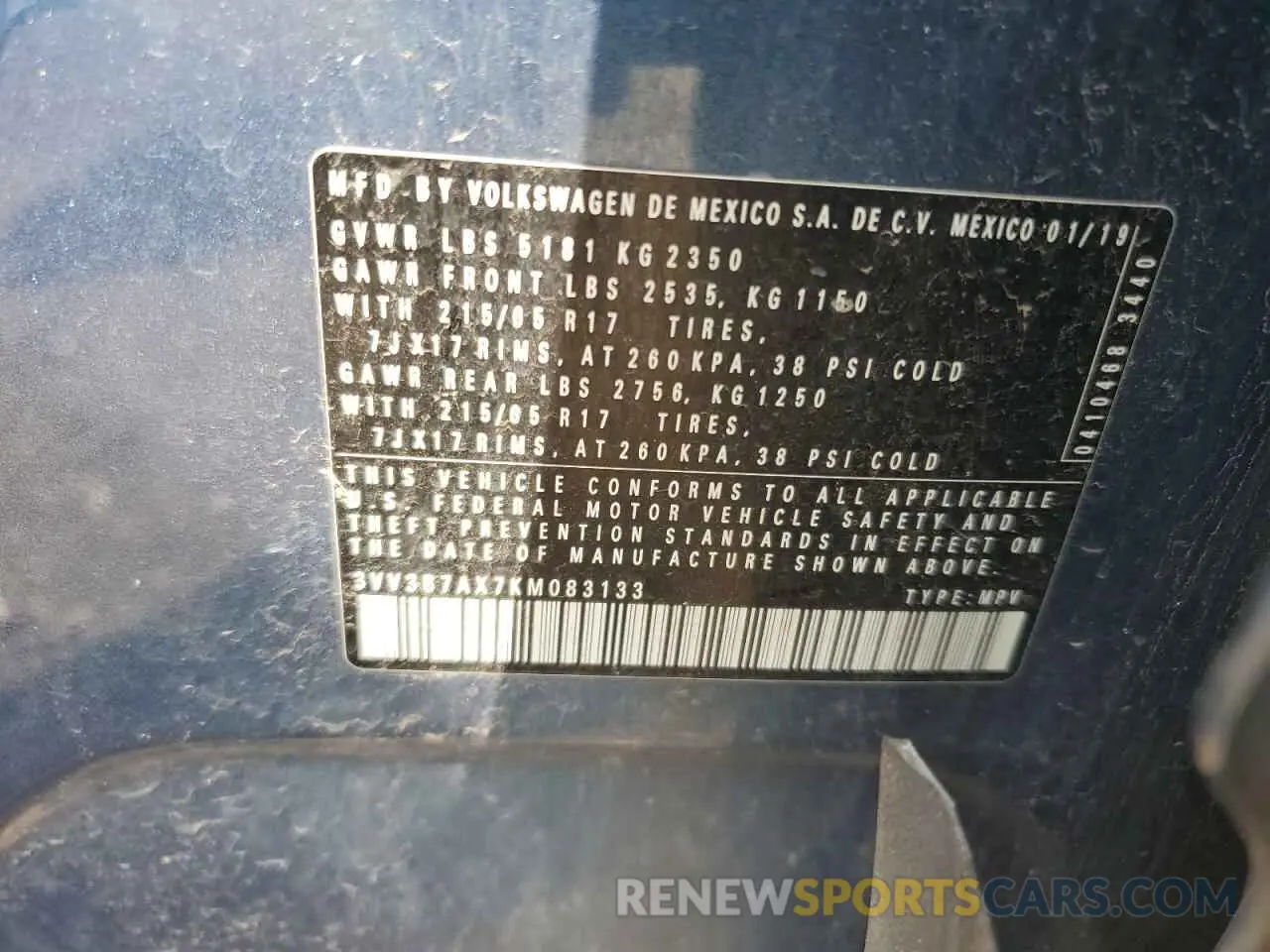 12 fotografías del automóvil dañado 3VV3B7AX7KM083133 VOLKSWAGEN TIGUAN 2019