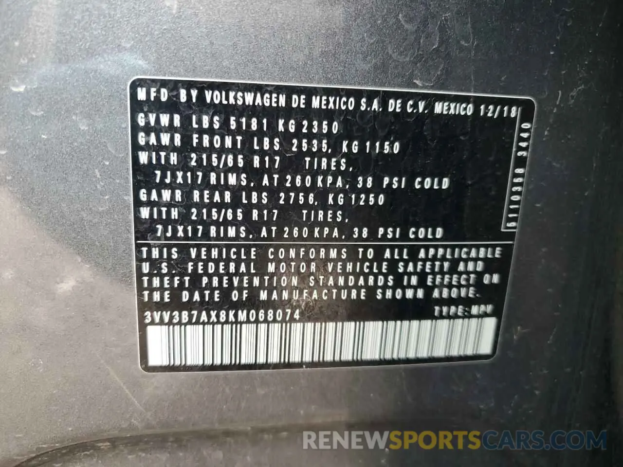 16 fotografías del automóvil dañado 3VV3B7AX8KM068074 VOLKSWAGEN TIGUAN 2019