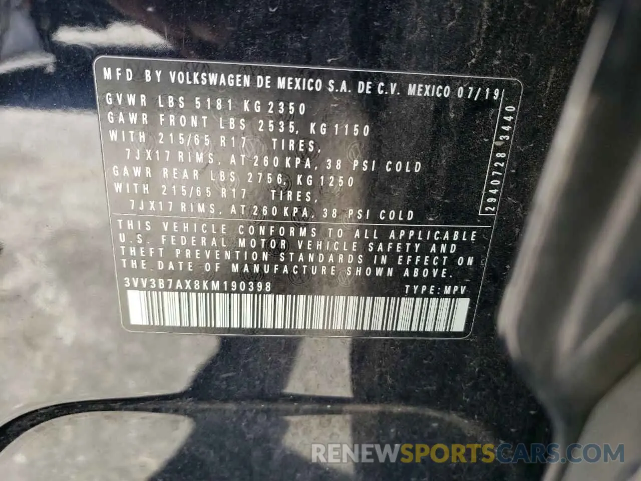 13 fotografías del automóvil dañado 3VV3B7AX8KM190398 VOLKSWAGEN TIGUAN 2019