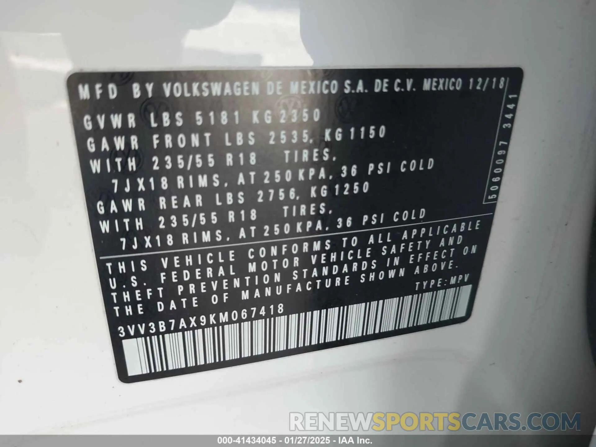9 fotografías del automóvil dañado 3VV3B7AX9KM067418 VOLKSWAGEN TIGUAN 2019