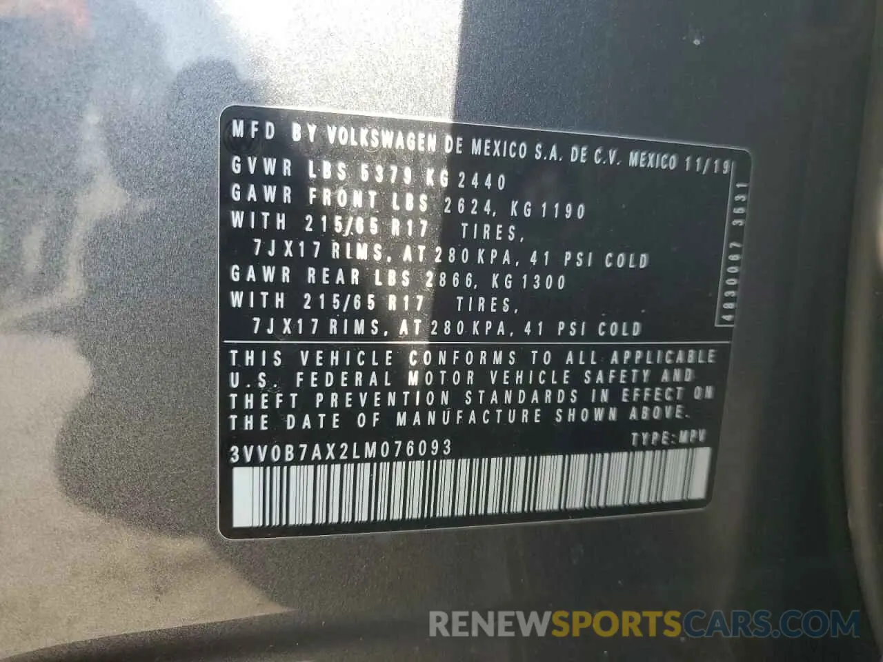 15 fotografías del automóvil dañado 3VV0B7AX2LM076093 VOLKSWAGEN TIGUAN 2020
