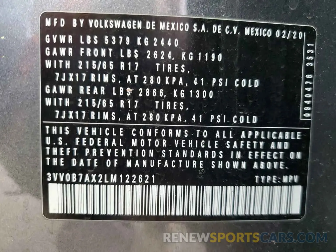 13 fotografías del automóvil dañado 3VV0B7AX2LM122621 VOLKSWAGEN TIGUAN 2020
