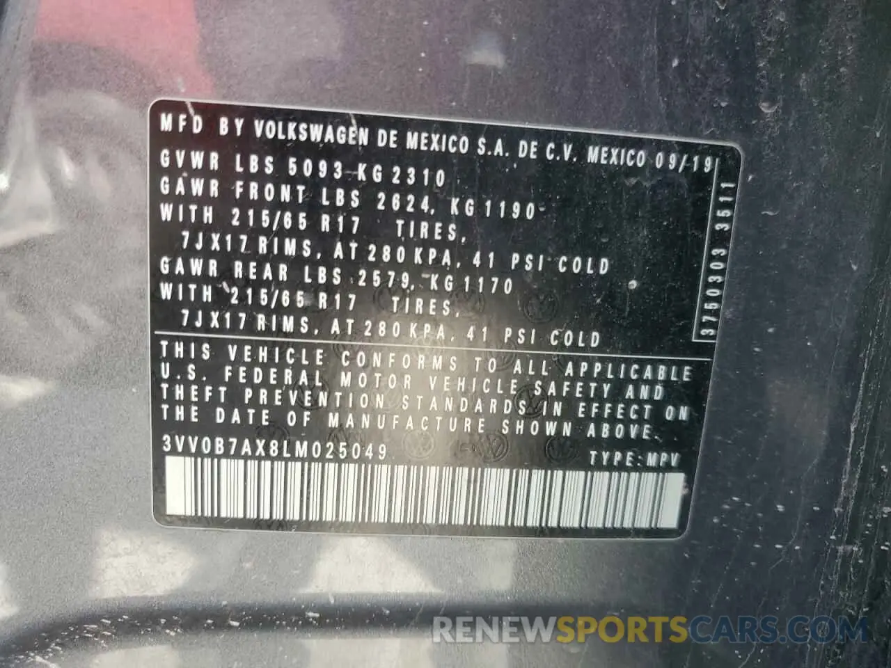 15 fotografías del automóvil dañado 3VV0B7AX8LM025049 VOLKSWAGEN TIGUAN 2020