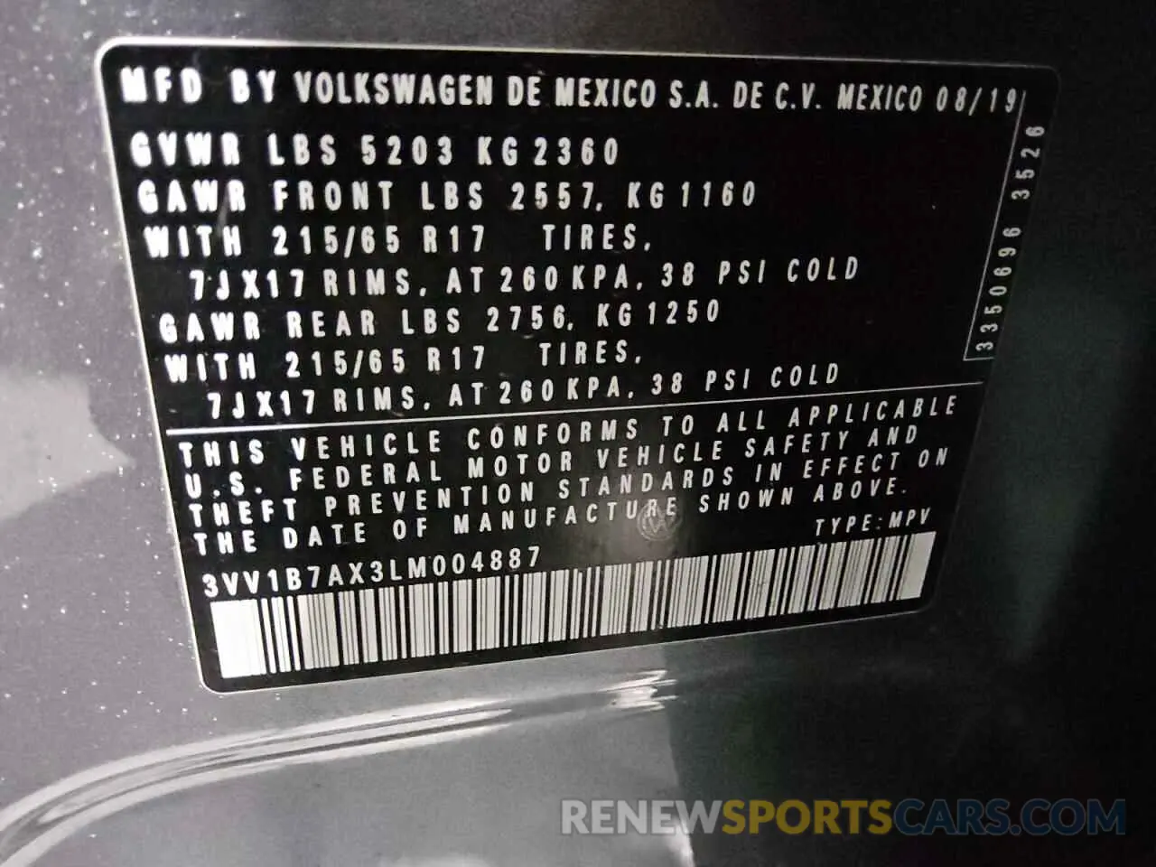 13 fotografías del automóvil dañado 3VV1B7AX3LM004887 VOLKSWAGEN TIGUAN 2020