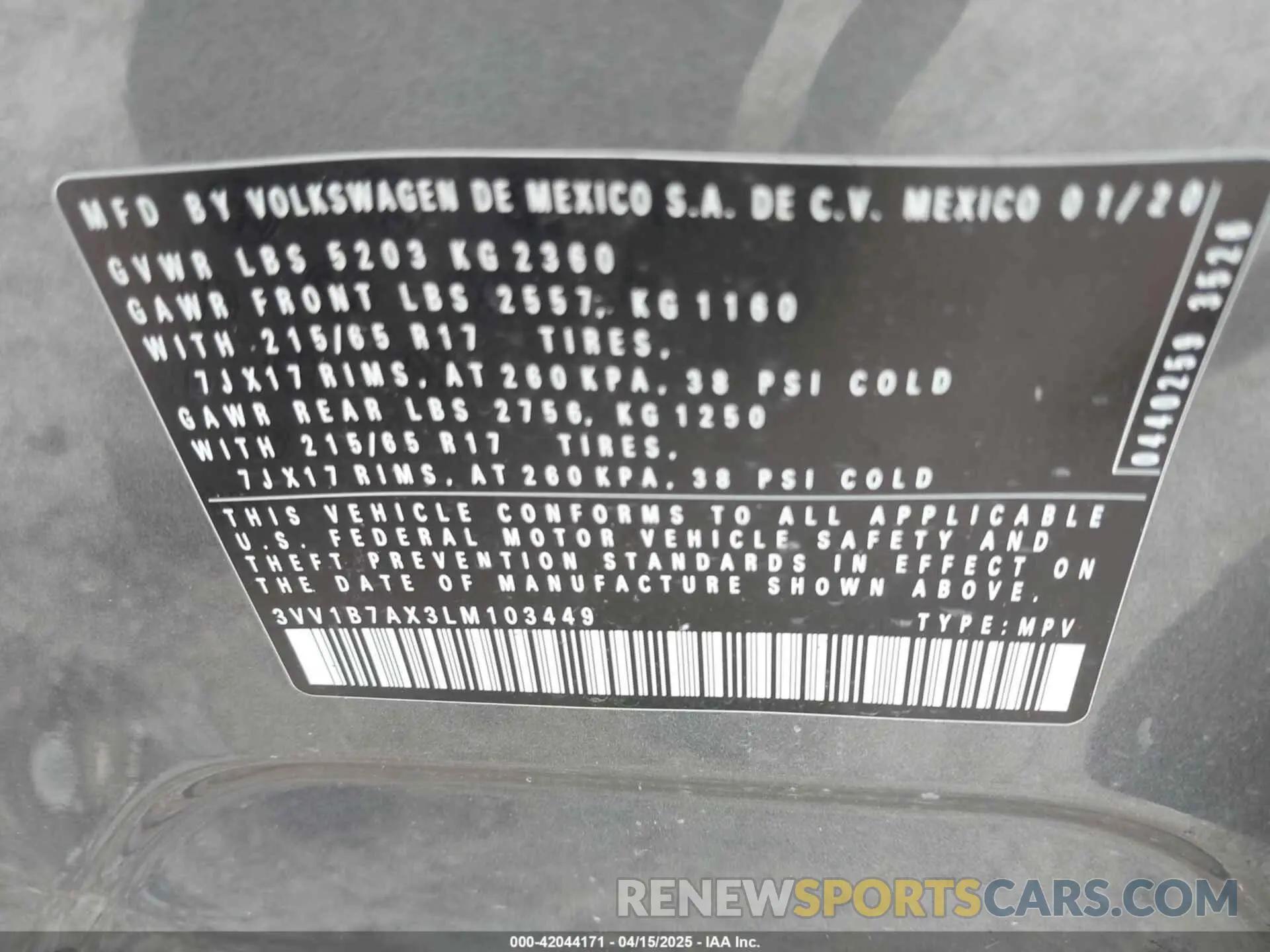 9 fotografías del automóvil dañado 3VV1B7AX3LM103449 VOLKSWAGEN TIGUAN 2020