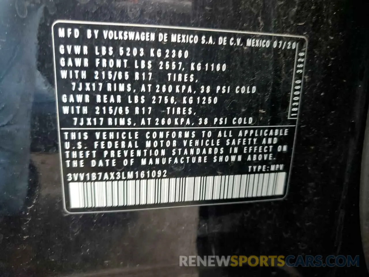 12 fotografías del automóvil dañado 3VV1B7AX3LM161092 VOLKSWAGEN TIGUAN 2020
