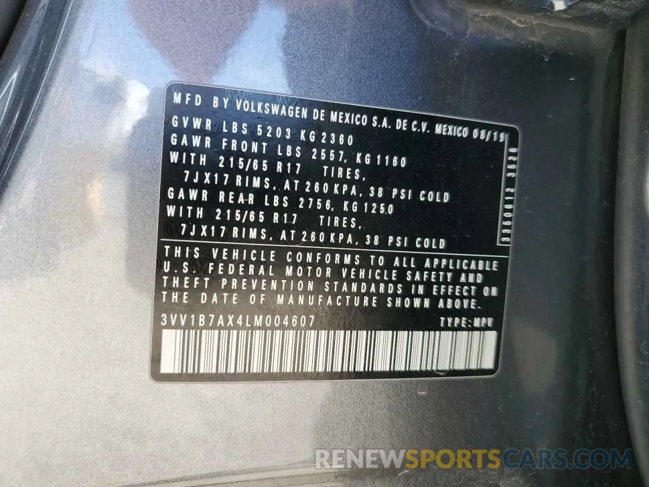 13 fotografías del automóvil dañado 3VV1B7AX4LM004607 VOLKSWAGEN TIGUAN 2020