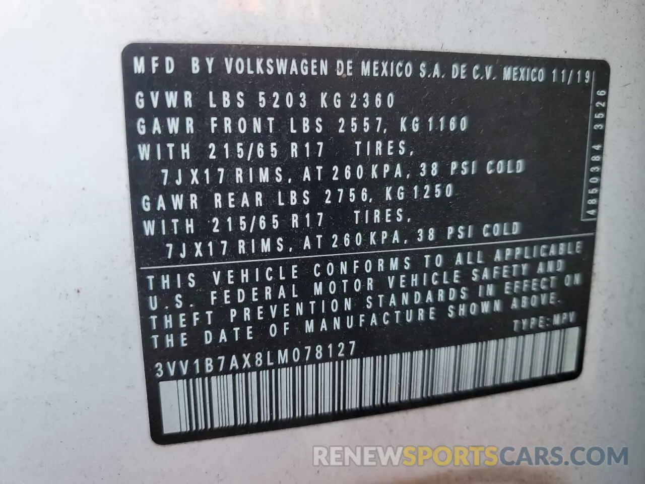 14 fotografías del automóvil dañado 3VV1B7AX8LM078127 VOLKSWAGEN TIGUAN 2020