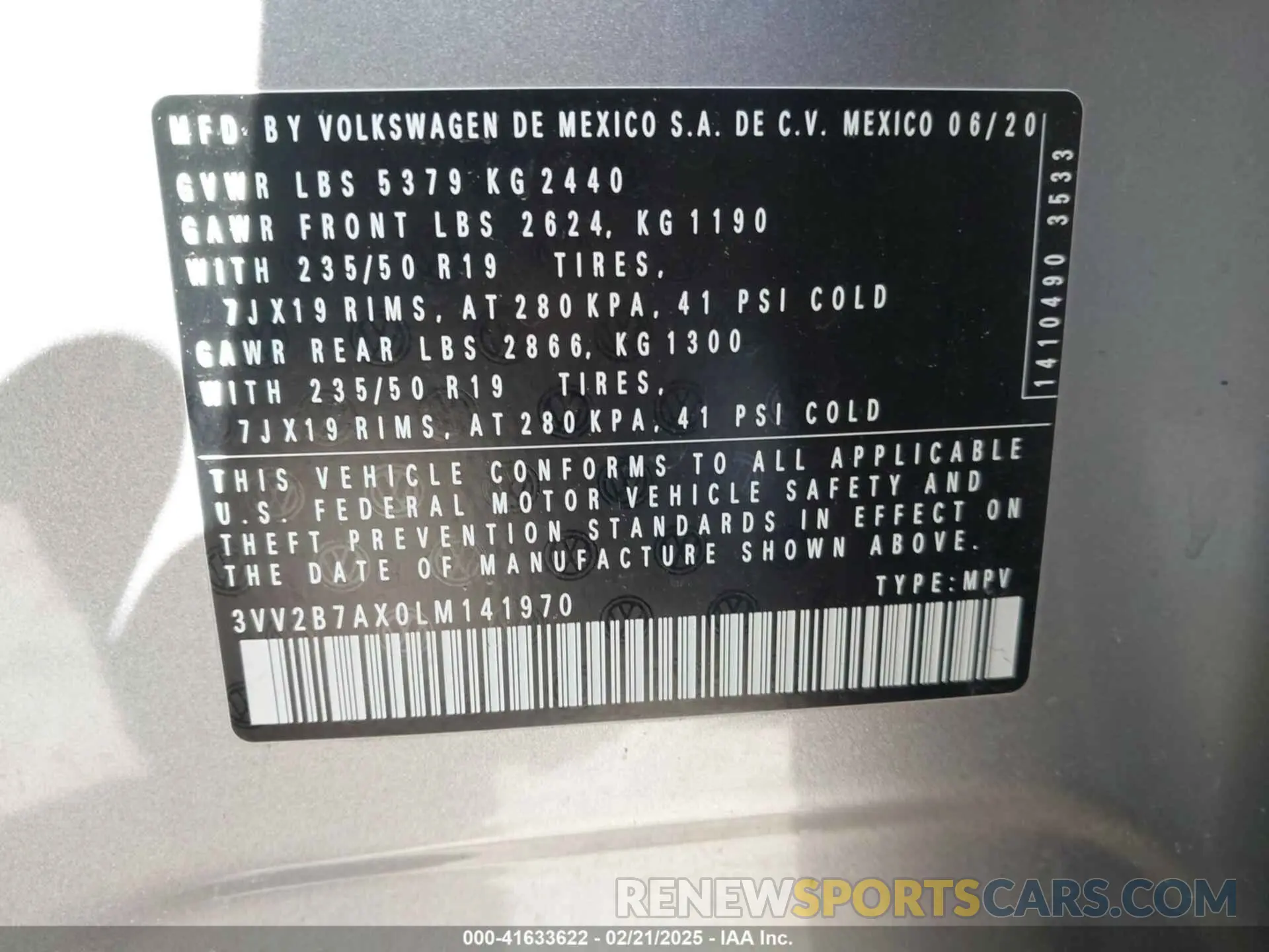 9 fotografías del automóvil dañado 3VV2B7AX0LM141970 VOLKSWAGEN TIGUAN 2020