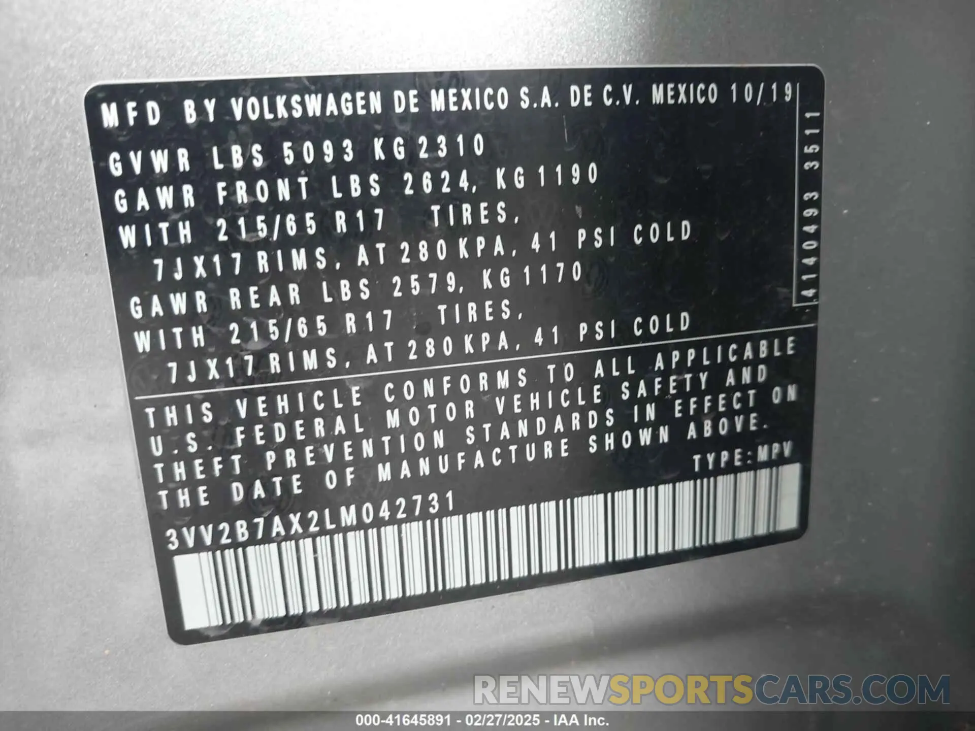 9 fotografías del automóvil dañado 3VV2B7AX2LM042731 VOLKSWAGEN TIGUAN 2020