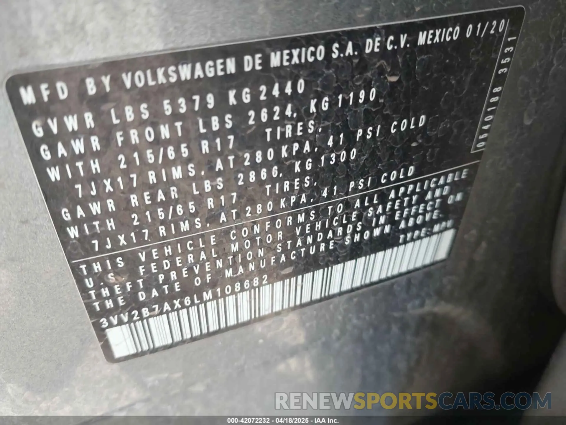 9 fotografías del automóvil dañado 3VV2B7AX6LM108682 VOLKSWAGEN TIGUAN 2020