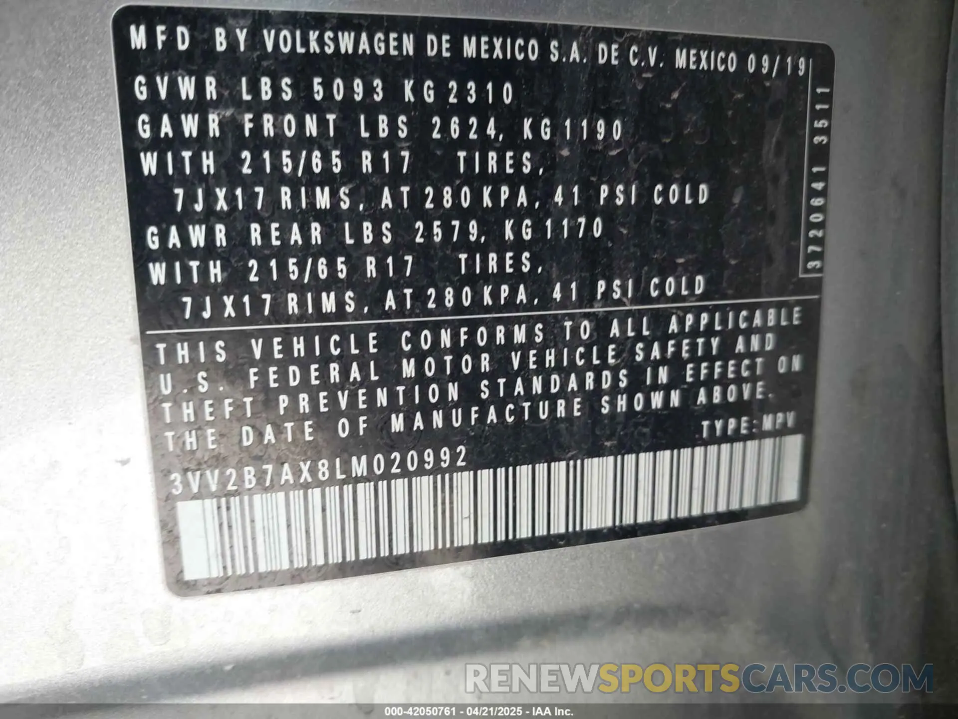 9 fotografías del automóvil dañado 3VV2B7AX8LM020992 VOLKSWAGEN TIGUAN 2020