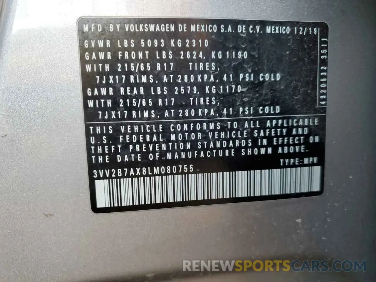 12 fotografías del automóvil dañado 3VV2B7AX8LM080755 VOLKSWAGEN TIGUAN 2020
