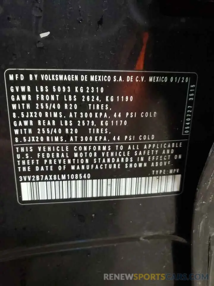 12 fotografías del automóvil dañado 3VV2B7AX8LM108540 VOLKSWAGEN TIGUAN 2020