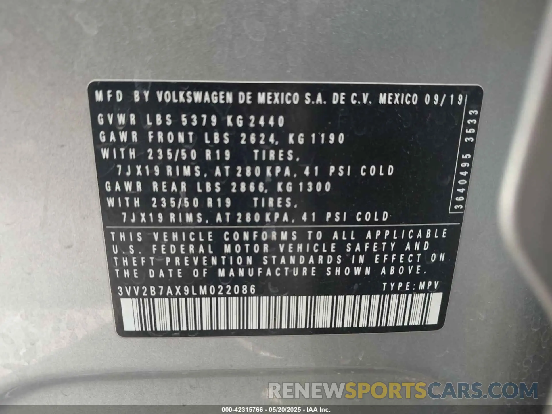 9 fotografías del automóvil dañado 3VV2B7AX9LM022086 VOLKSWAGEN TIGUAN 2020